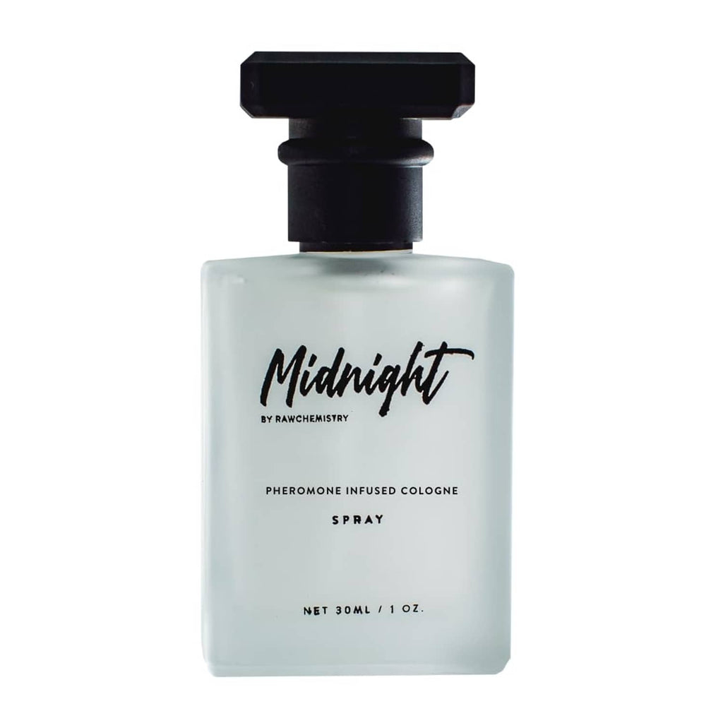 Pheromone-infused cologne bottle with black cap and frosted light finish