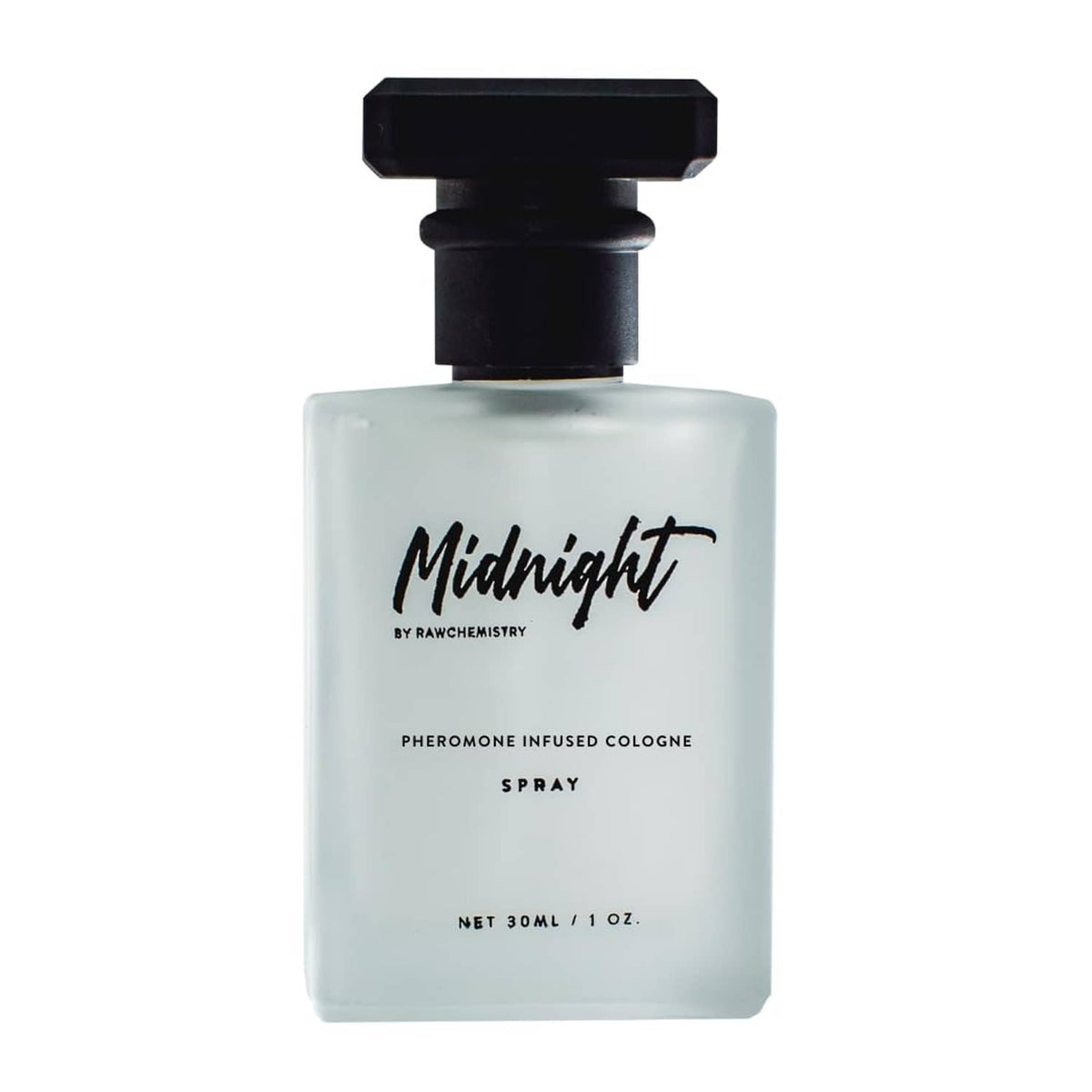 Pheromone-infused cologne bottle with black cap and frosted light finish