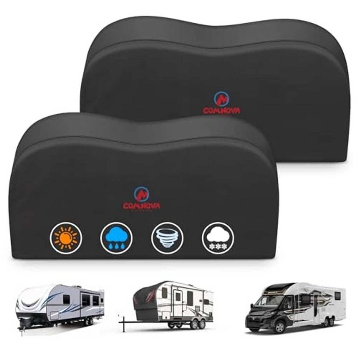 Dual axle RV tire cover pair with two curved dark covers and small front brand logo