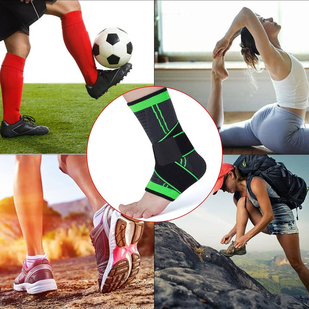 Black ankle brace with neon green bands, shown on runner's feet