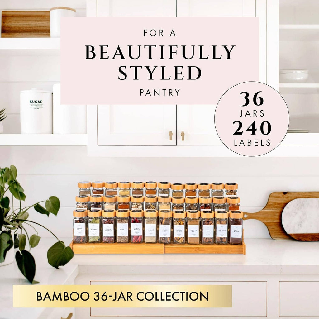 Bamboo 36-jar spice collection with clear glass jars on a wooden rack and 240 labels
