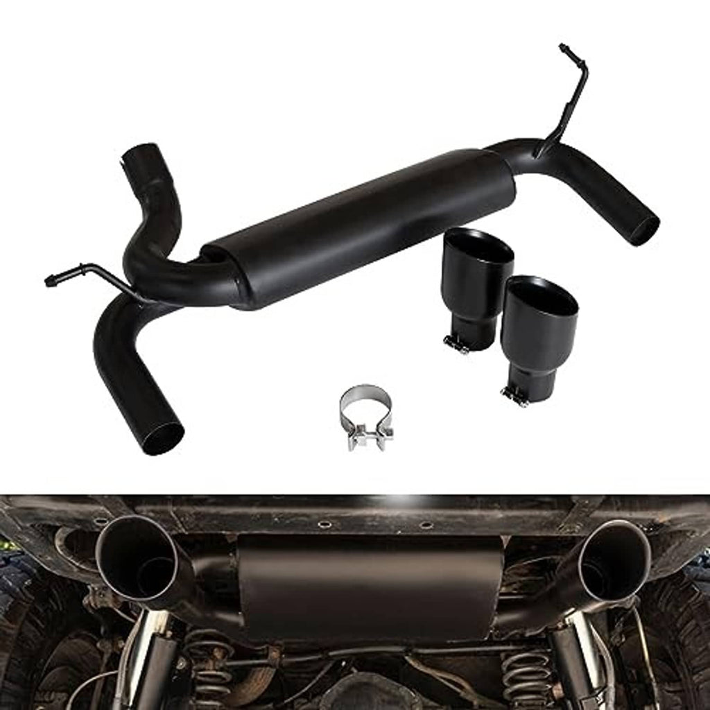 Installed black exhaust system with central muffler and two round tailpipes