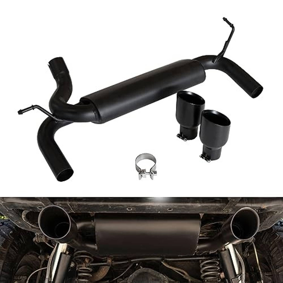 Installed black exhaust system with central muffler and two round tailpipes