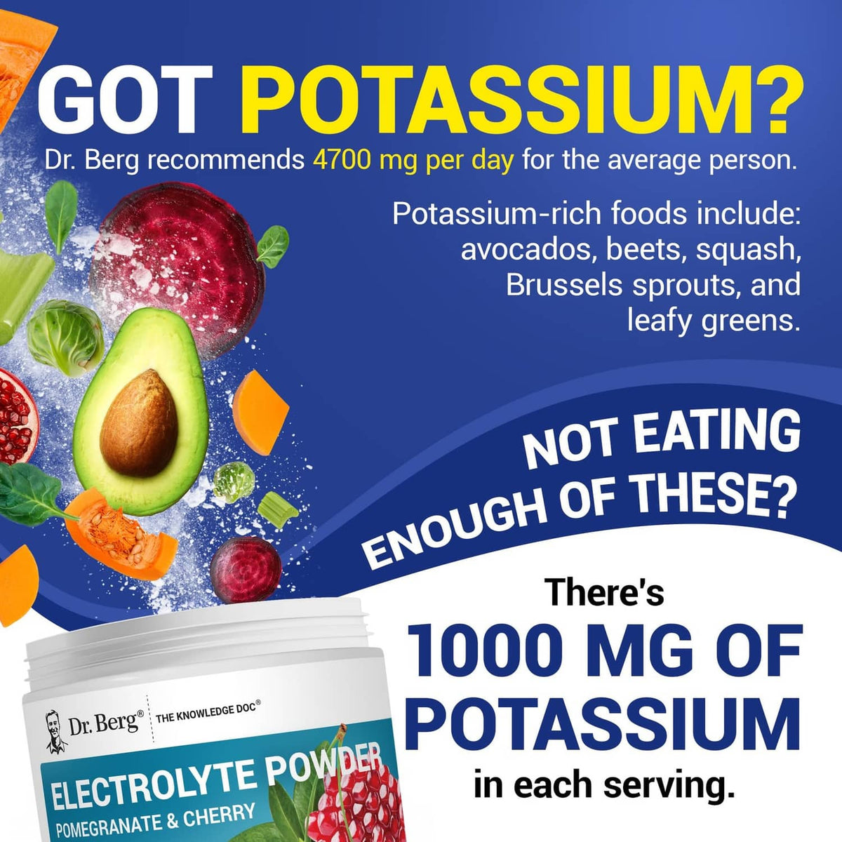Electrolyte powder tub with potassium info and 1000 mg per serving text