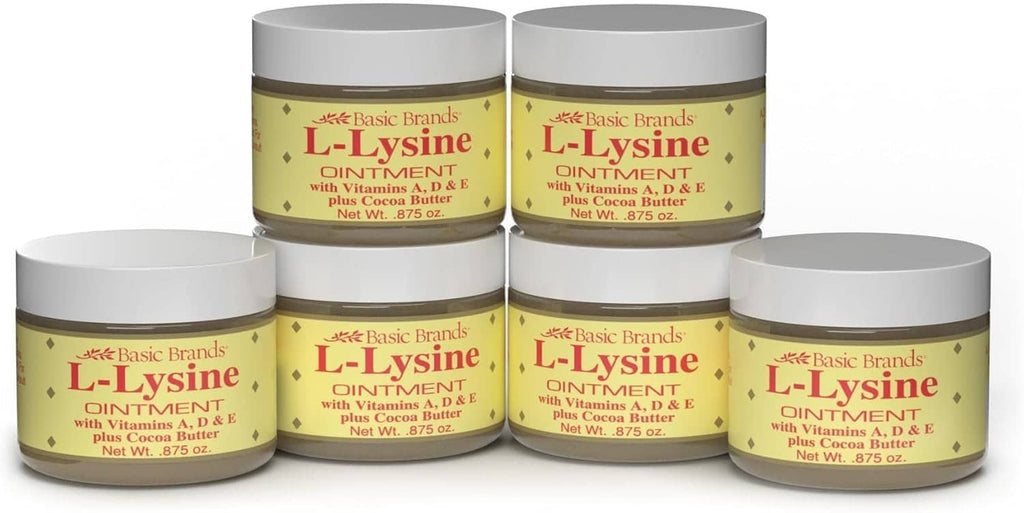 L-Lysine ointment jars, Basic Health Brands pack of six, gold label with white lids