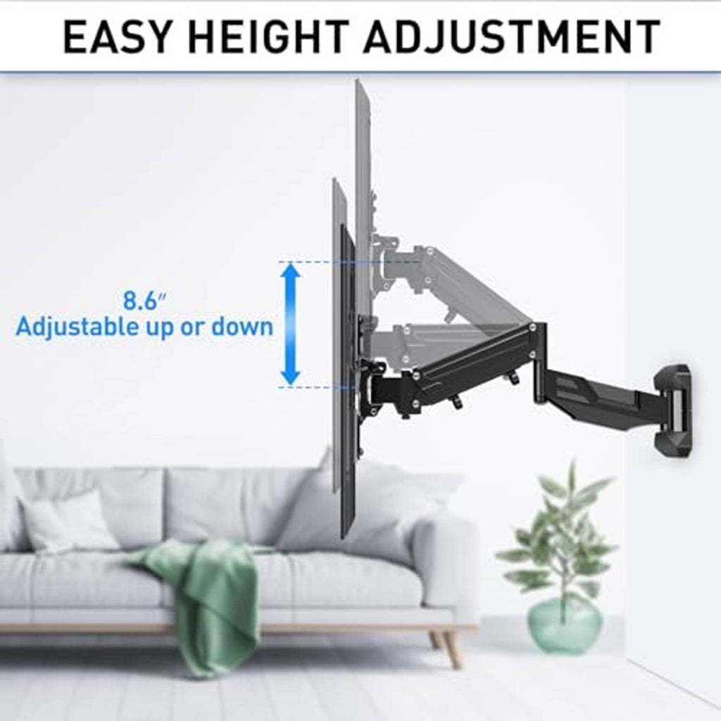 Height-adjustable TV wall mount with up-and-down height adjustment range illustration