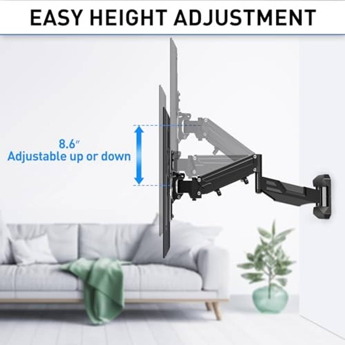 Height-adjustable TV wall mount with up-and-down height adjustment range illustration