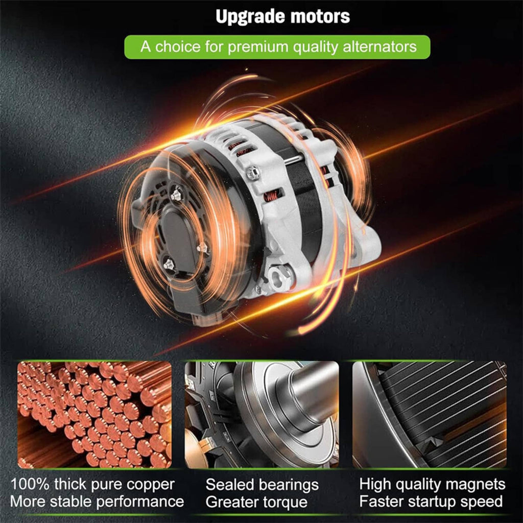 Car alternator with ribbed pulley and vented housing shown with upgrade ring graphic