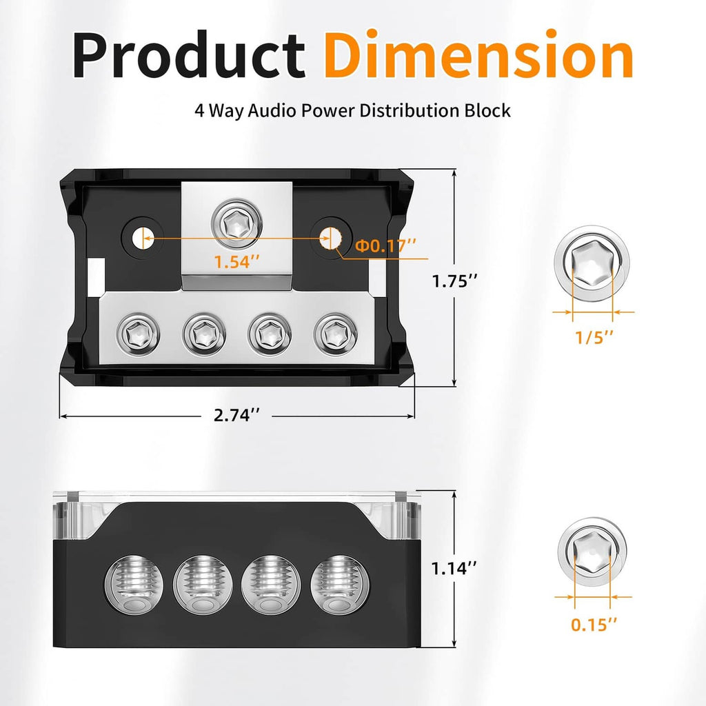 Joinfworld power distribution block, black base with four silver terminals and hole openings