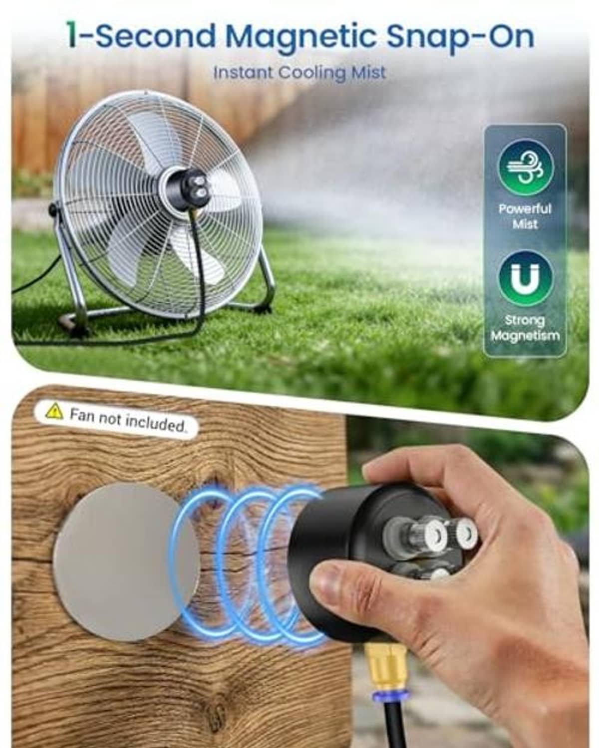 Magnetic snap-on misting pump with hand attachment and misting nozzles