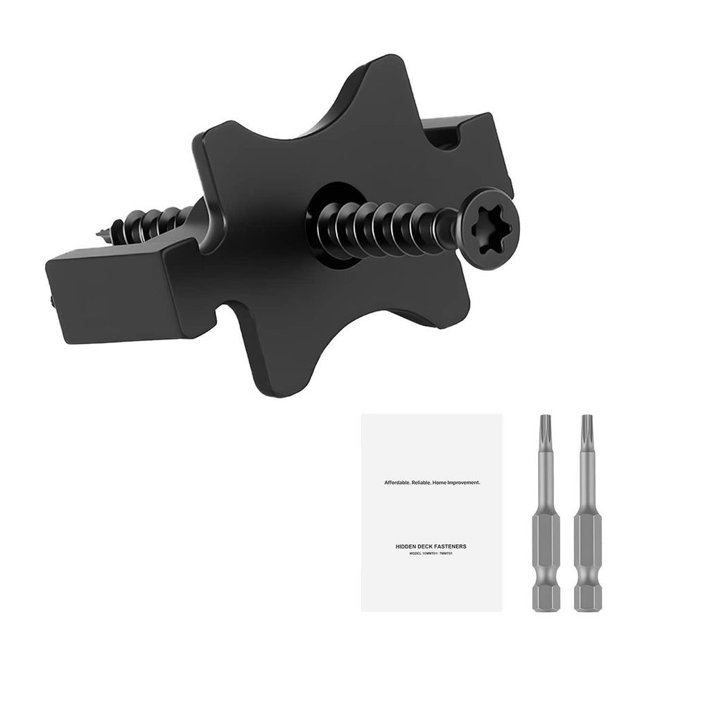 Black T-shaped composite decking hidden fastener clip with preinstalled screws
