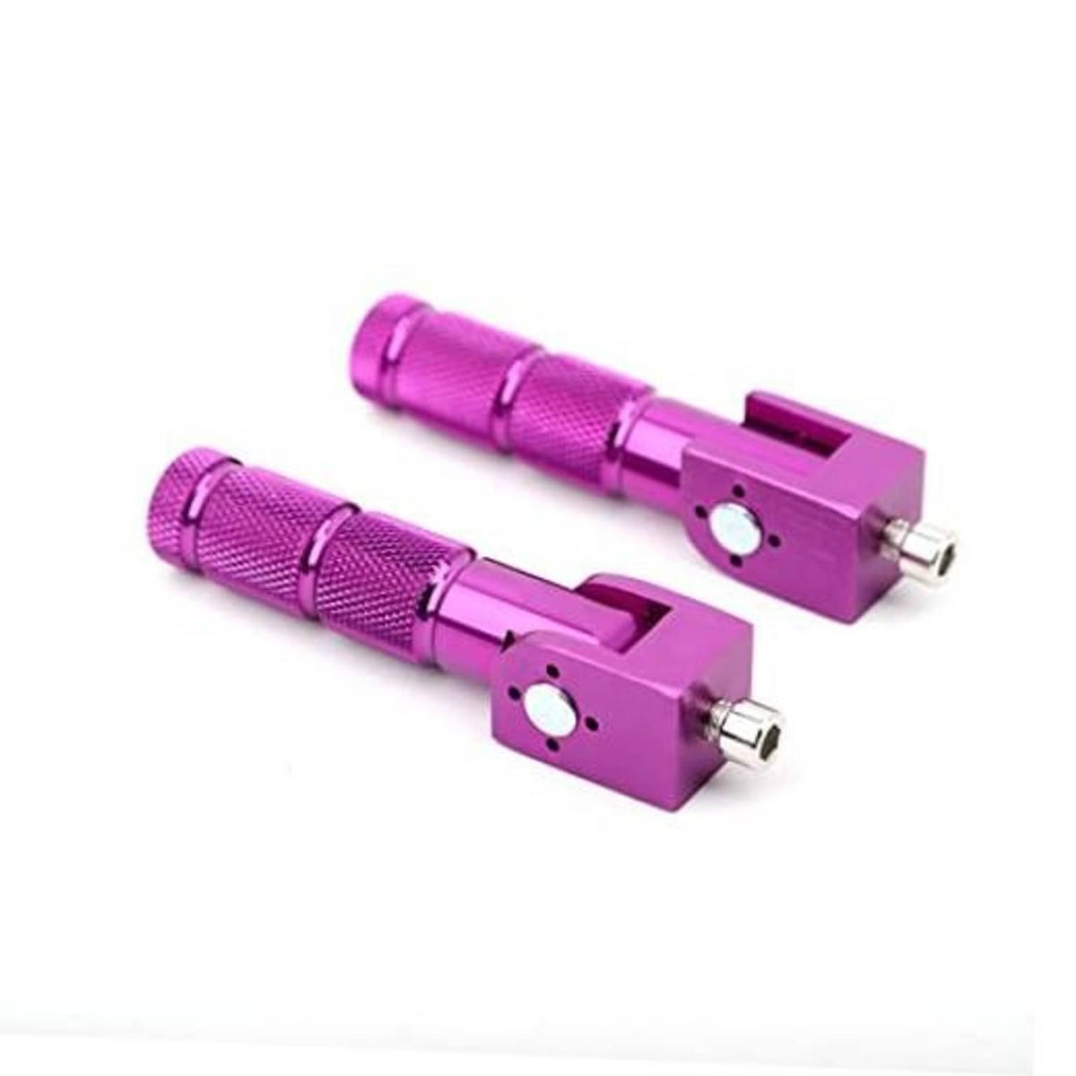 Purple CNC foldable foot pegs, textured grip with metal mounting bracket and hardware, pair