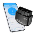 B26 OBD-II Bluetooth scanner with black OBD plug and mobile app display