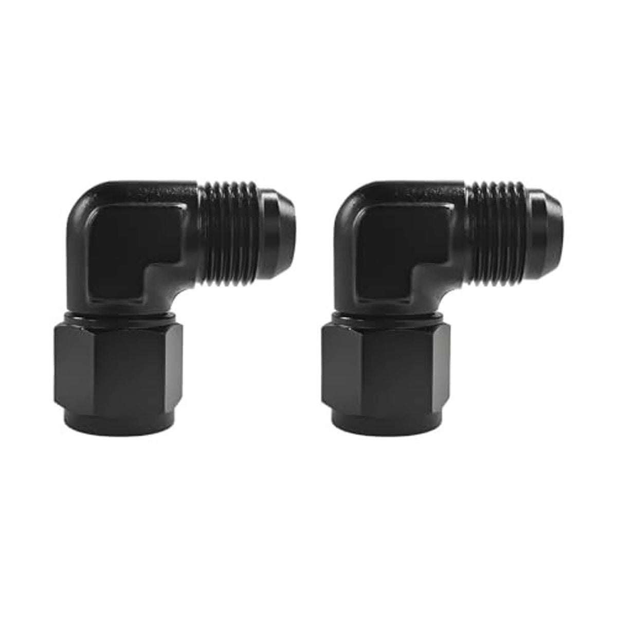 Two black 90-degree AN hose fitting adapters with male threads and angled swivel elbows