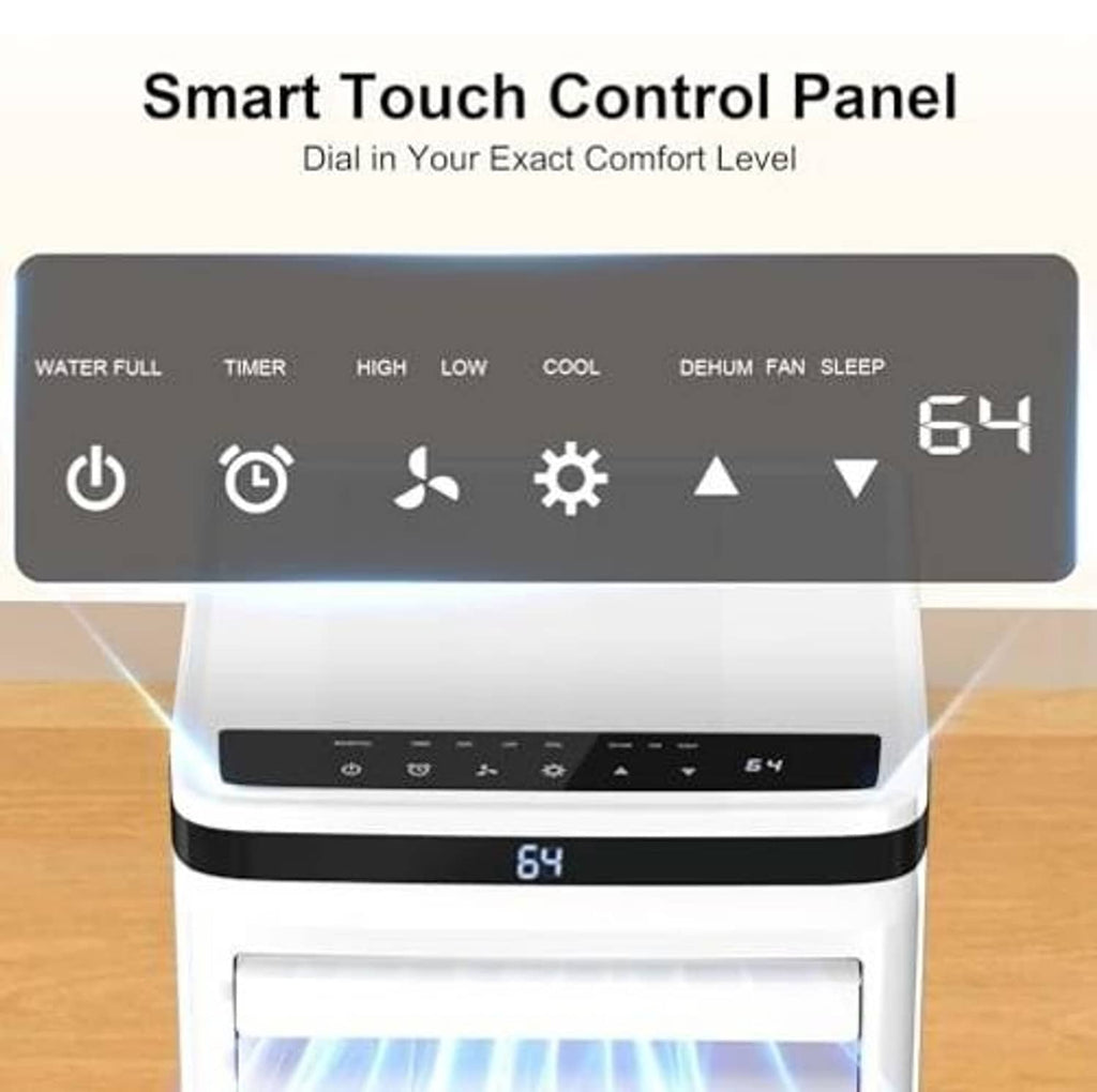 White portable air conditioner with front touch control panel and temperature display