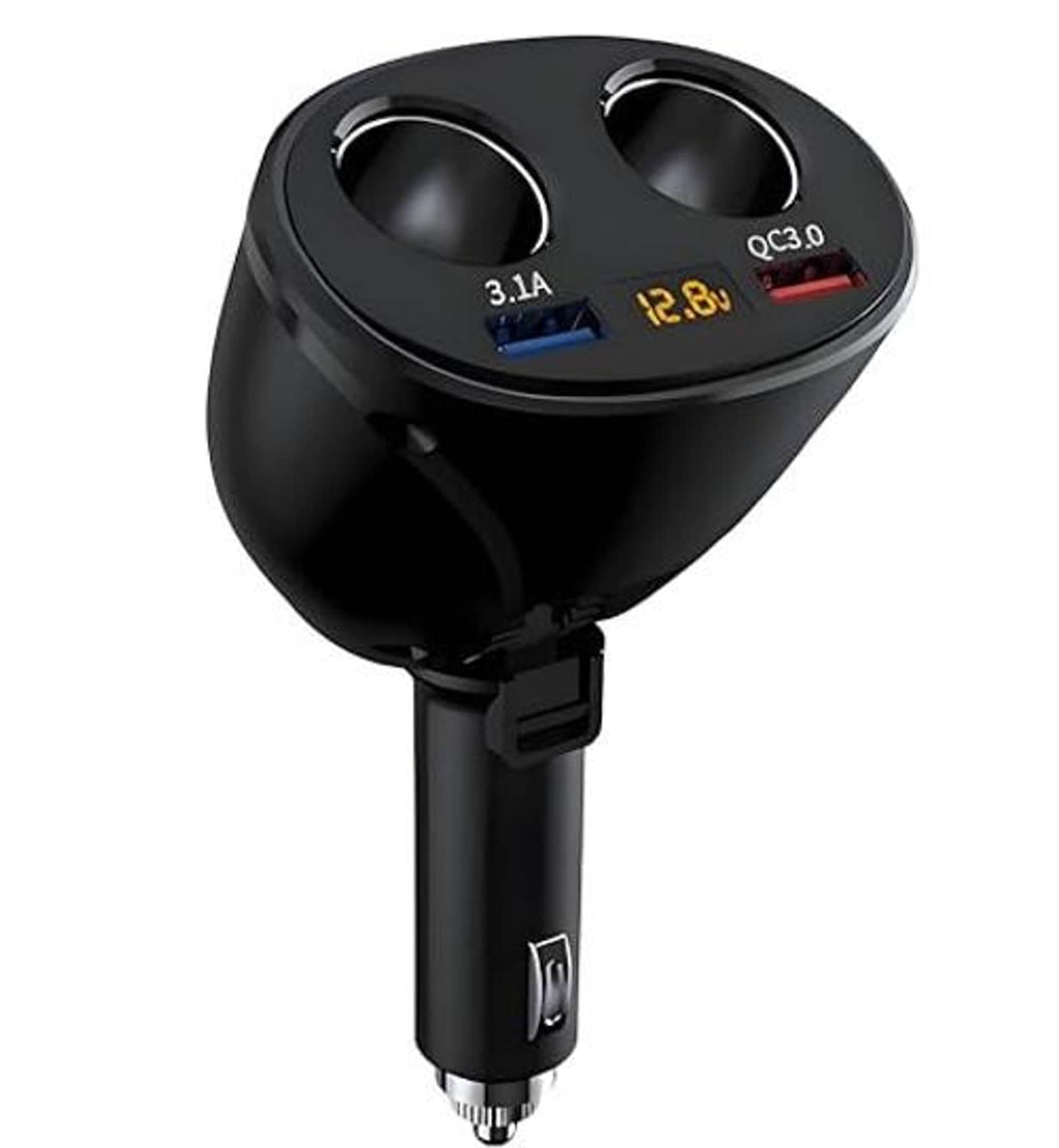 Black dual USB QC3.0 car charger with LED voltage readout on top panel
