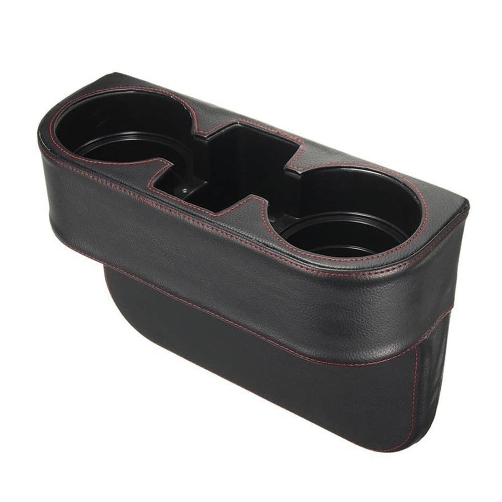 Black car cup holder insert with two cup wells and twin side slots, red-stitched edges