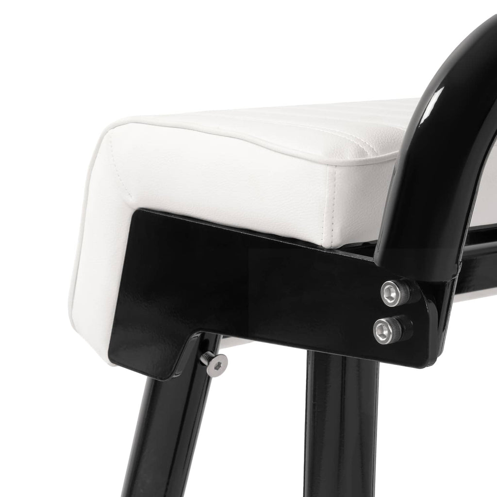 White seat cushion with black support bracket and two mounting bolts