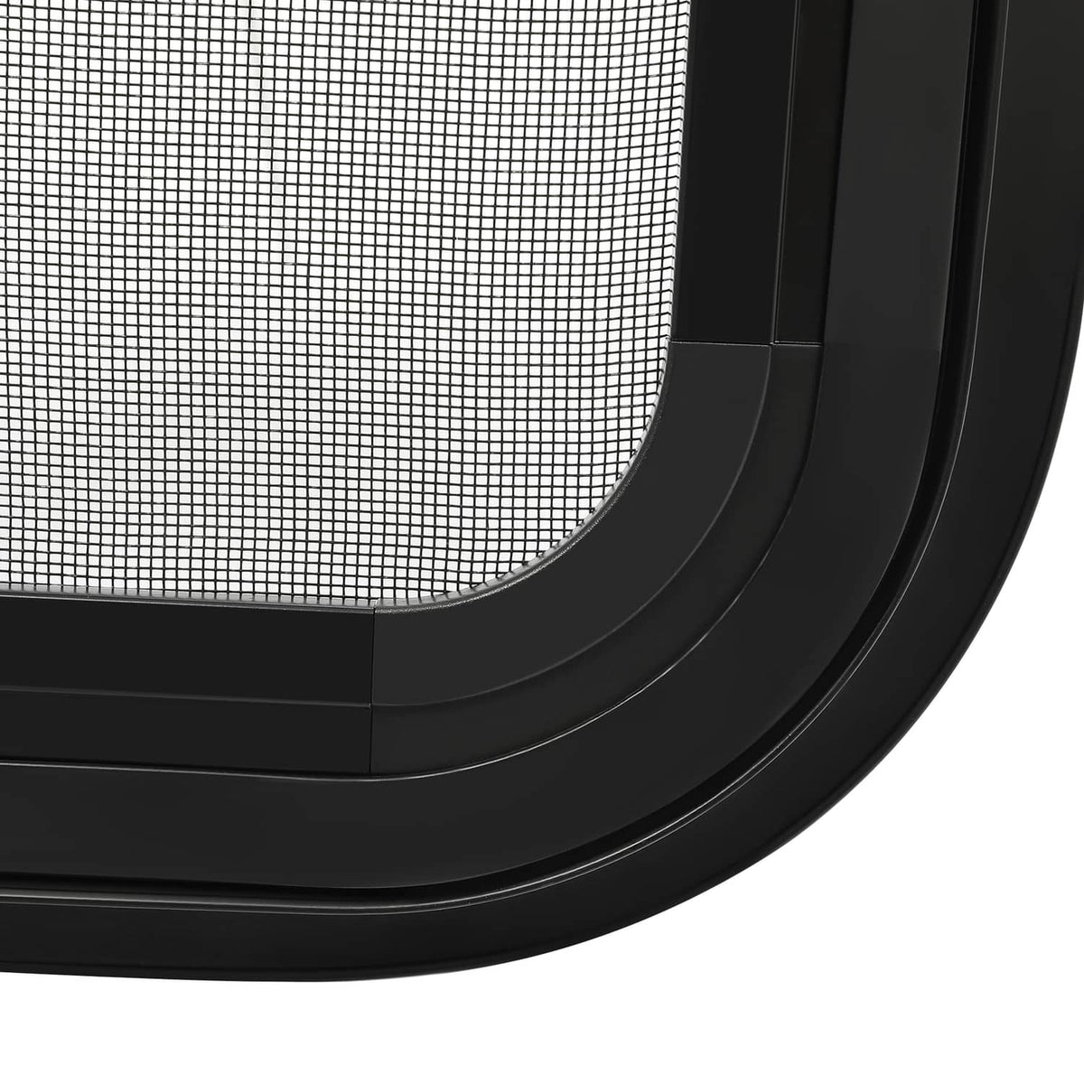 Curved black RV window frame with black trim and fine mesh screen