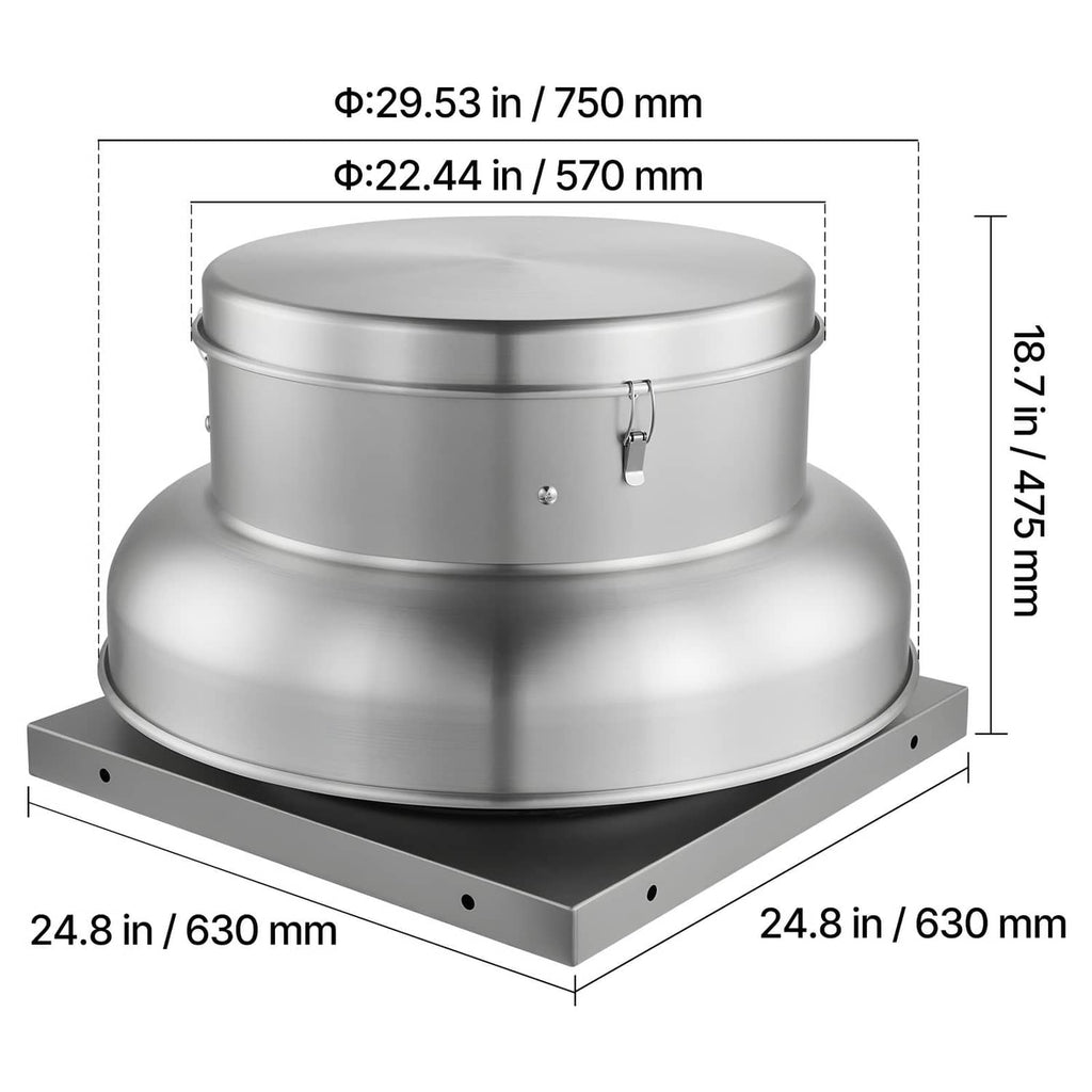 Roof exhaust fan front view with labeled diameter and height dimensions