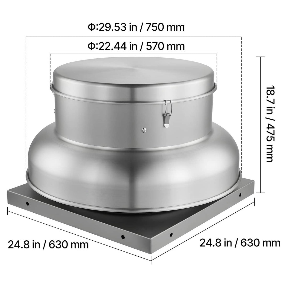 Roof exhaust fan front view with labeled diameter and height dimensions
