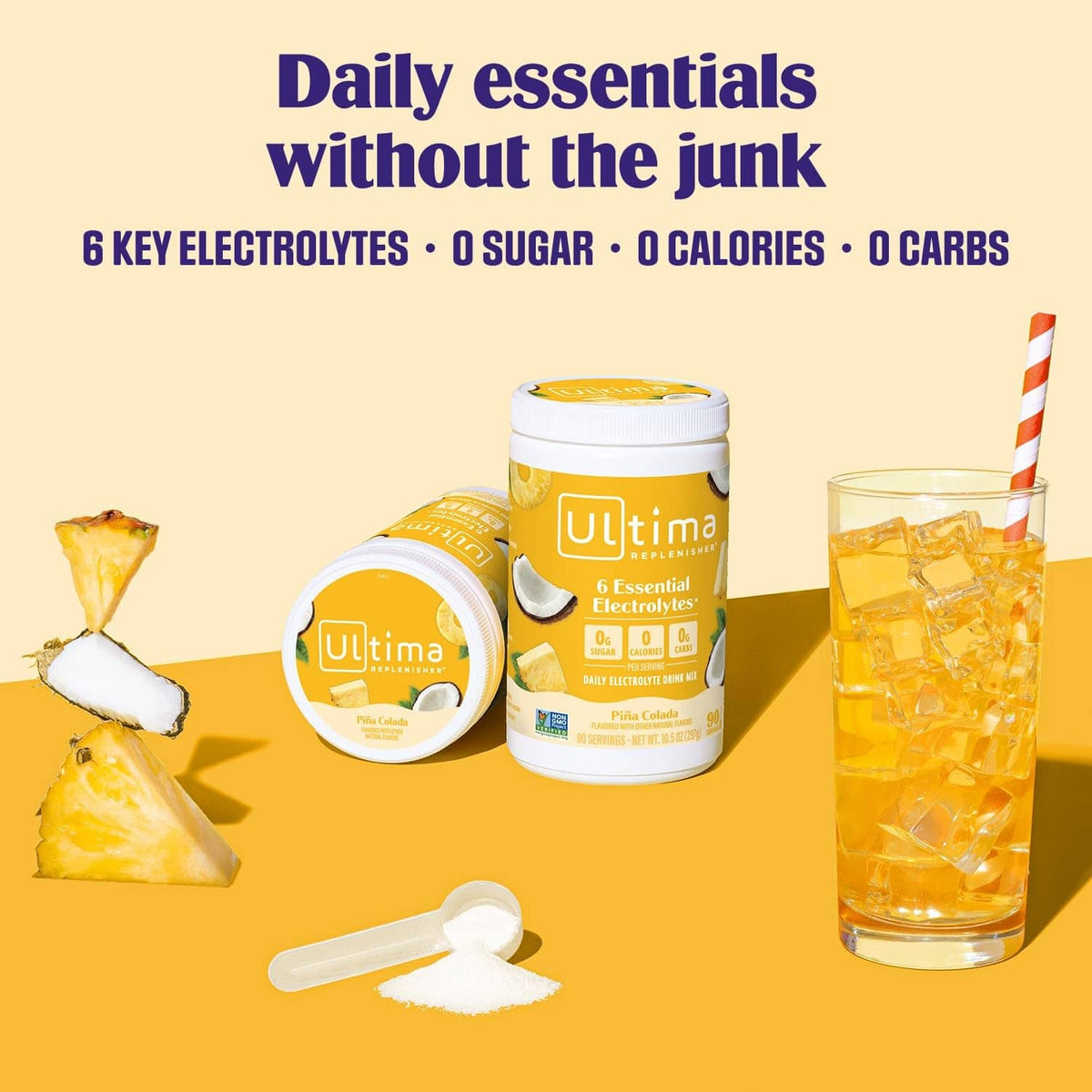 Electrolyte powder drink mix canisters with scoop and sample packets, “Daily essentials” layout