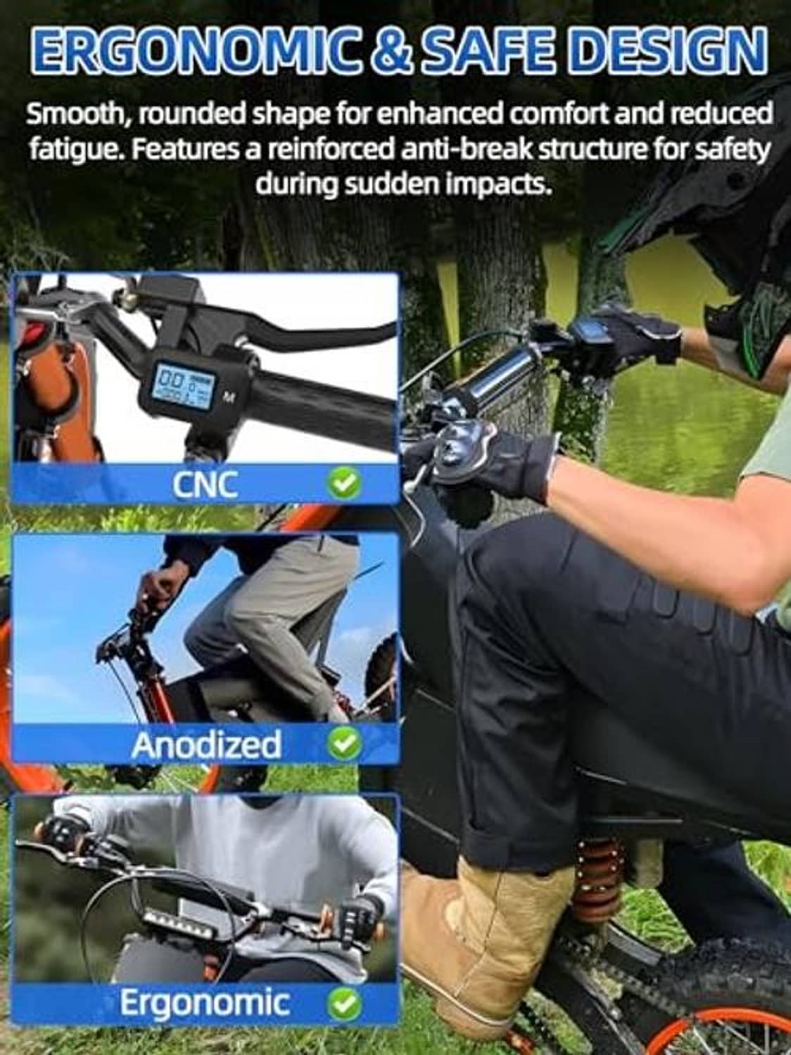 Silver and black adjustable brake and clutch levers on e-bike handlebar