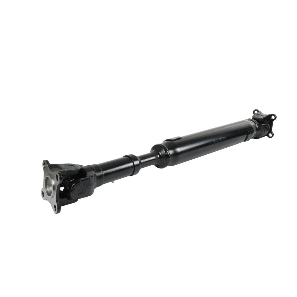 Front prop shaft assembly low-angle view, dark shaft with mounting flange end