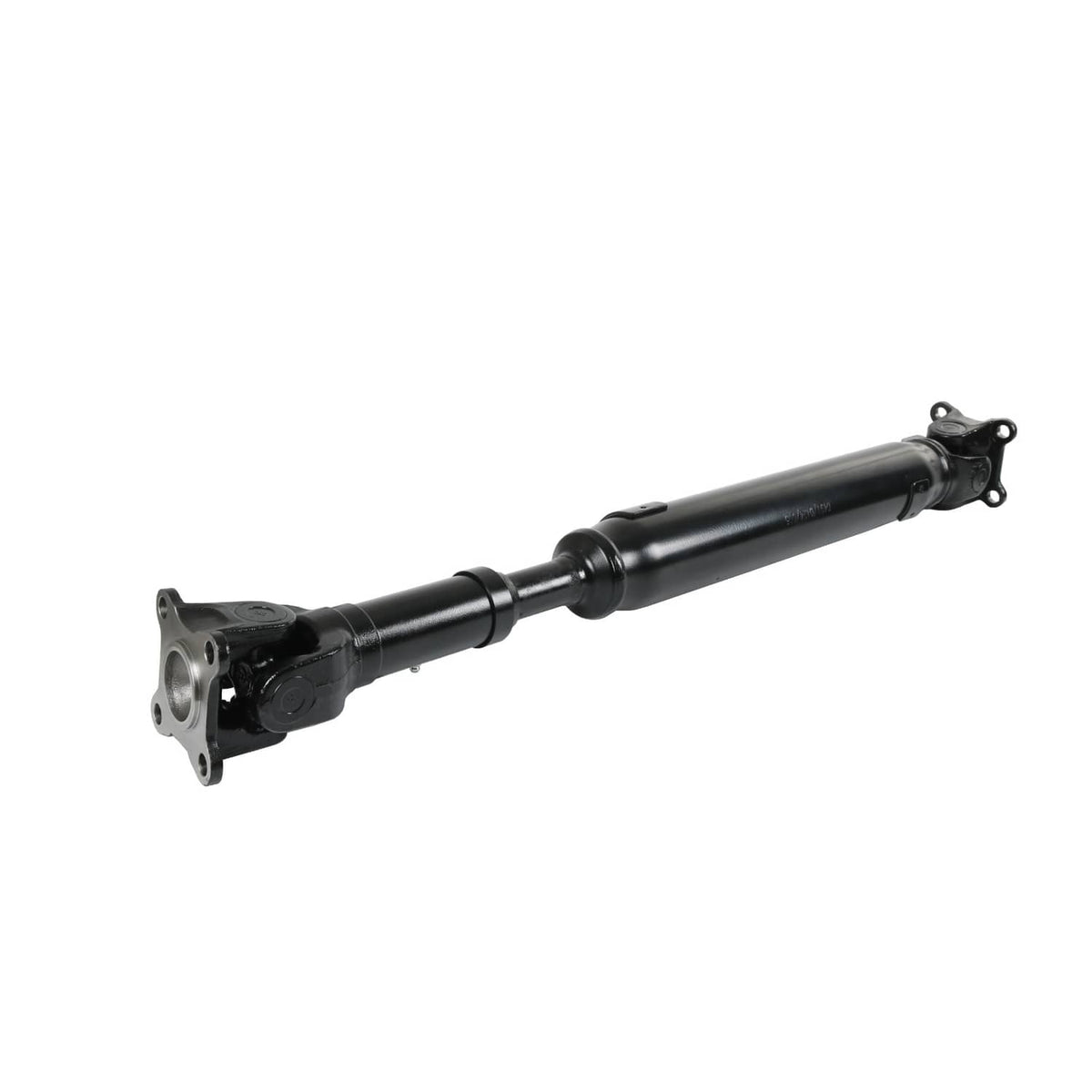 Front prop shaft assembly low-angle view, dark shaft with mounting flange end