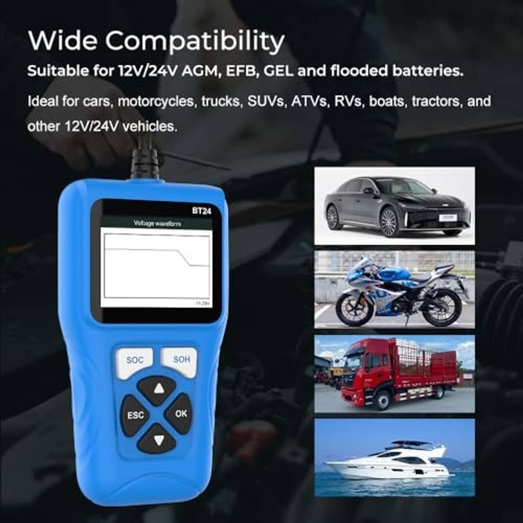 Blue VEEPEAK BT24 battery tester with LCD screen and wide compatibility callouts