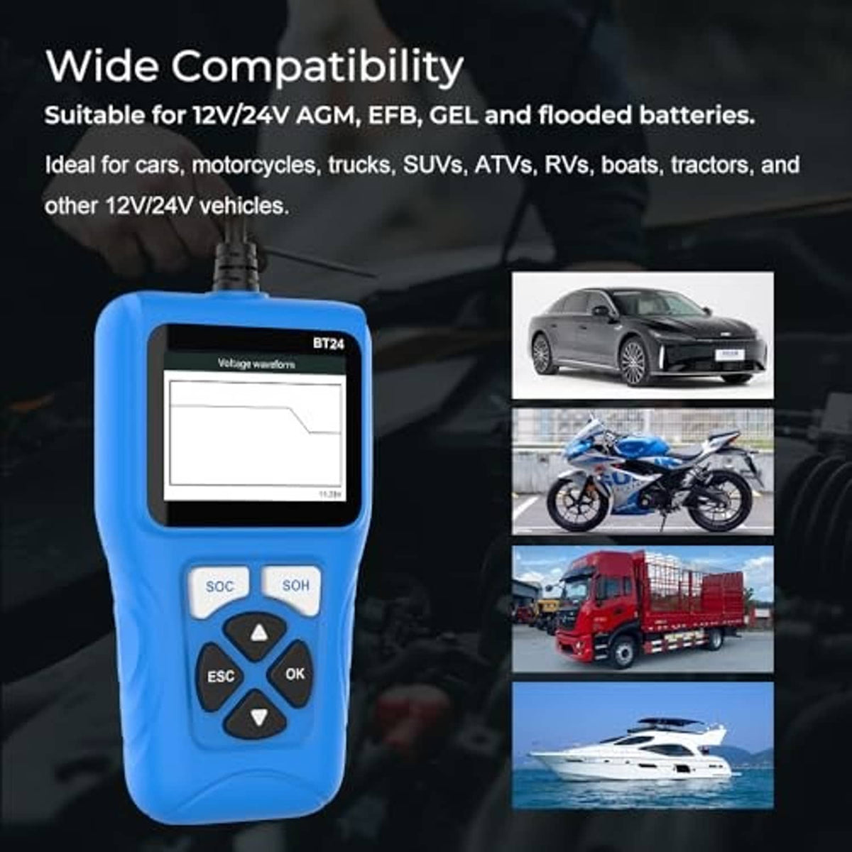 Blue VEEPEAK BT24 battery tester with LCD screen and wide compatibility callouts