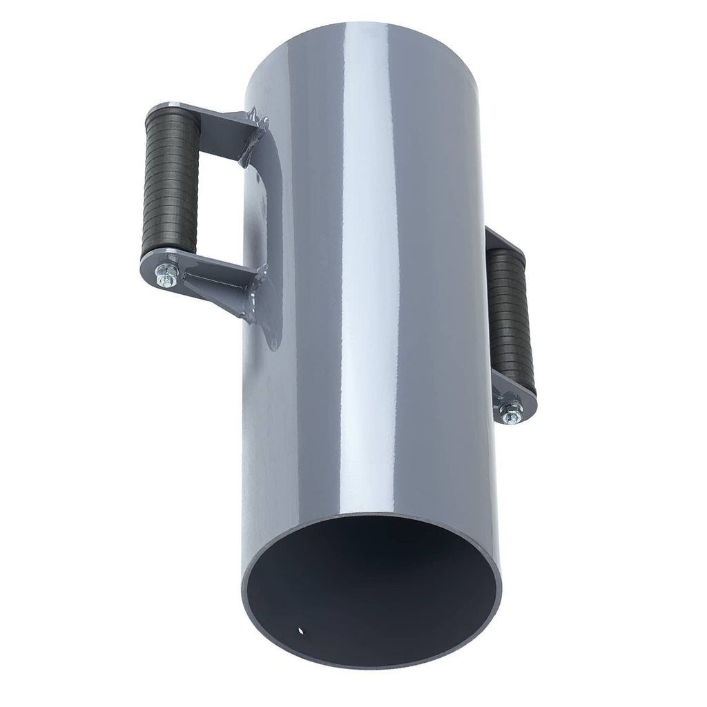 Manual T-post rammer with gray cylindrical impact tube and U-frame side handle supports