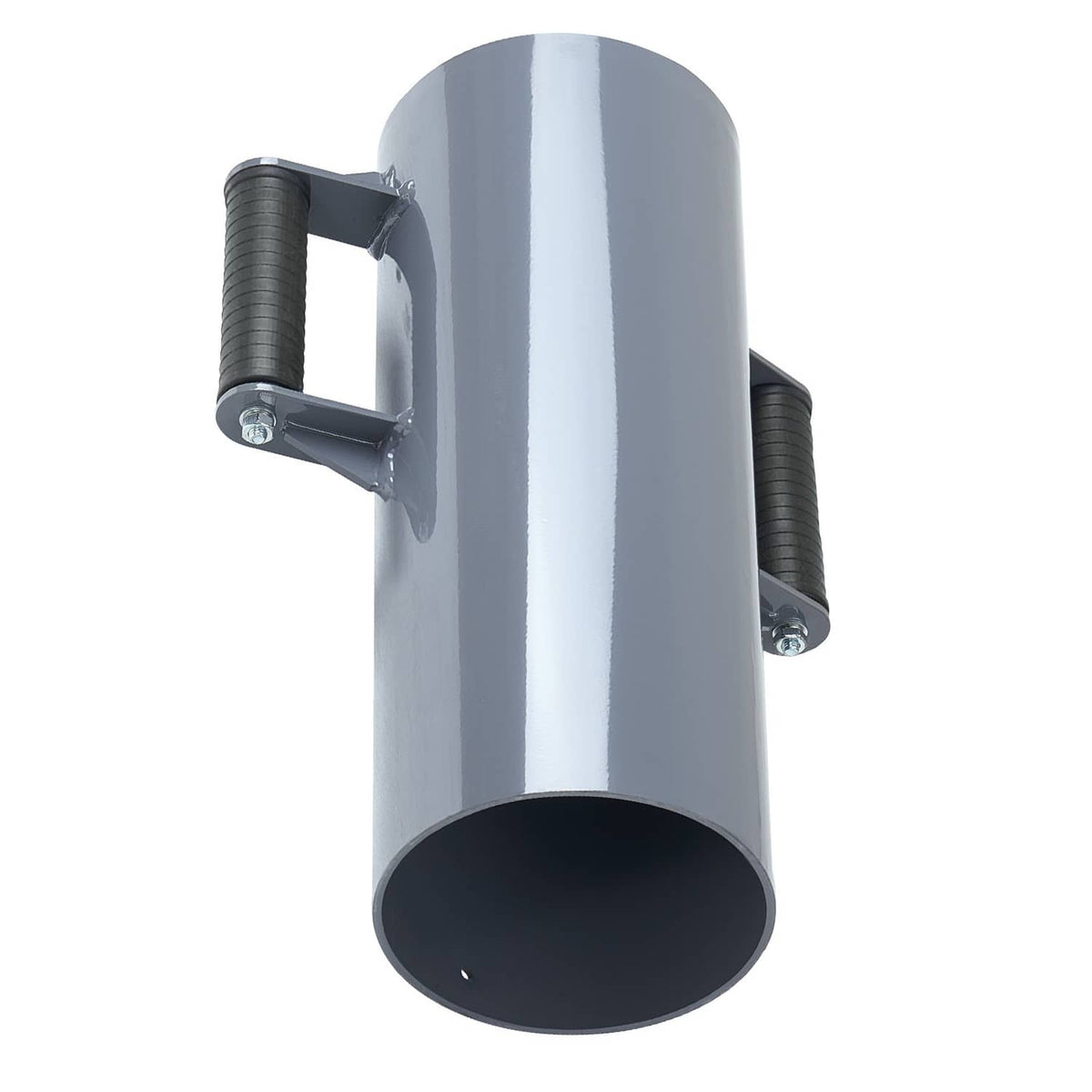 Manual T-post rammer with gray cylindrical impact tube and U-frame side handle supports