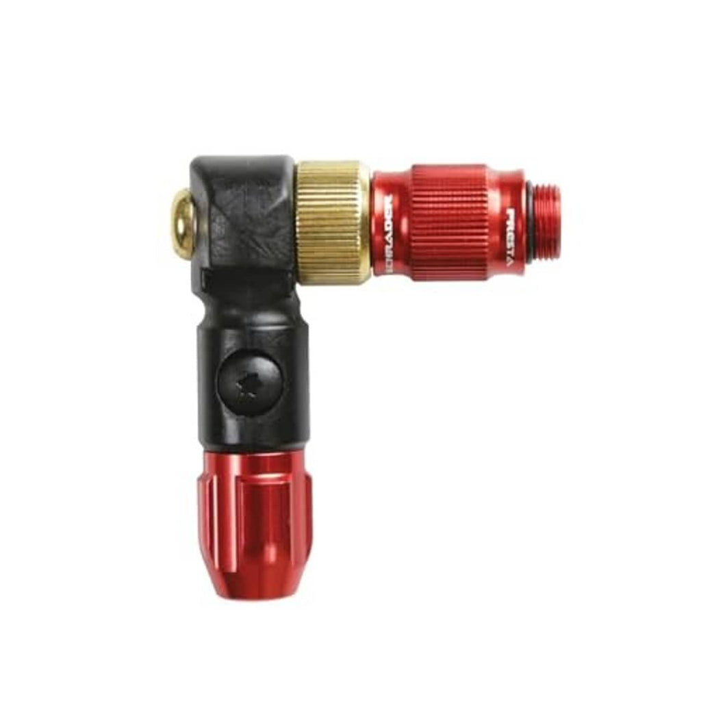 Red and black bicycle valve head chuck with brass insert and threaded outlet