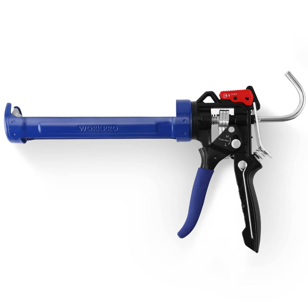 Caulking gun with blue barrel, black trigger grip, and metal dispensing lever