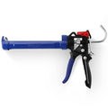 Caulking gun with blue barrel, black trigger grip, and metal dispensing lever