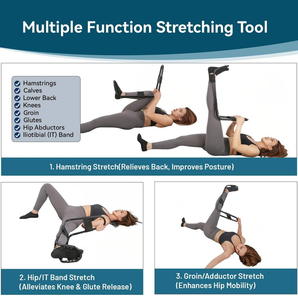 Black multi-use stretching tool with foot platform, knee pad, and strap system