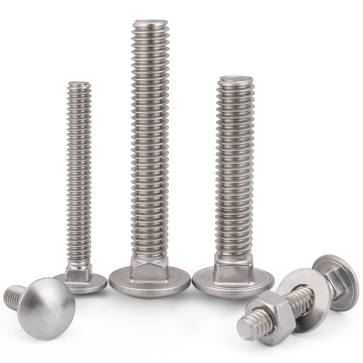 Set of silver threaded carriage bolts with hex nuts and flat washers