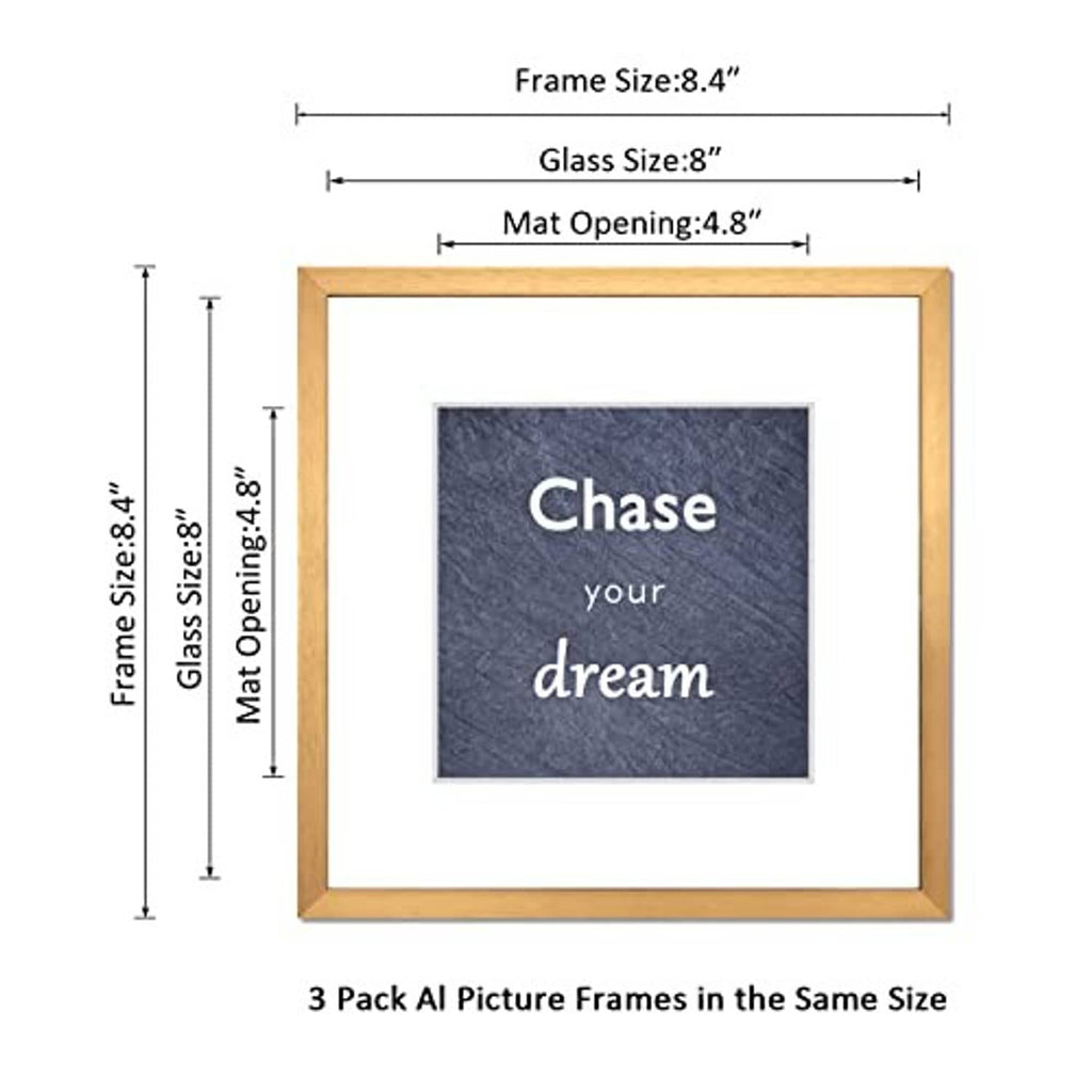 Square gold aluminum photo frame with real glass and mat opening, front view diagram