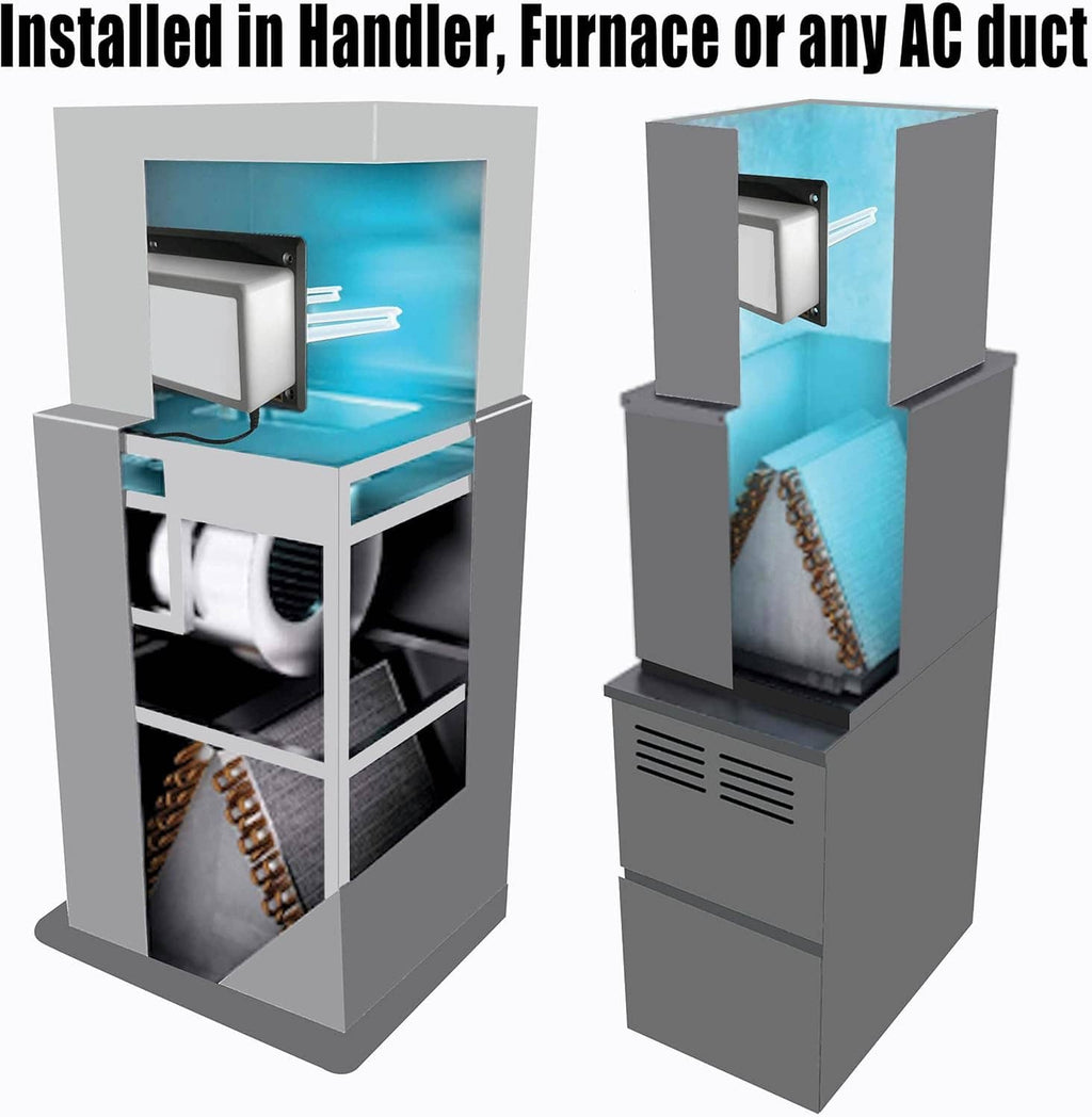 UV duct disinfection light installed inside an HVAC duct with protective housing
