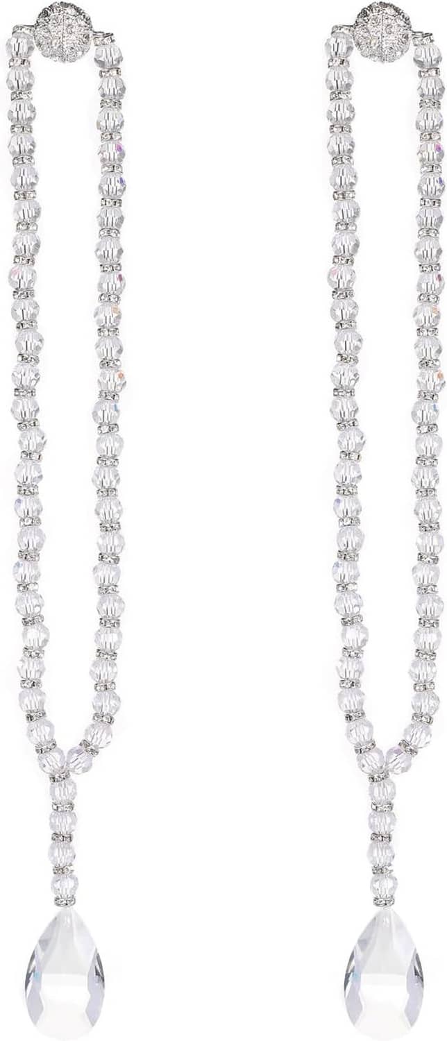 Set of crystal beaded curtain tieback cords with round tops and teardrop pendants