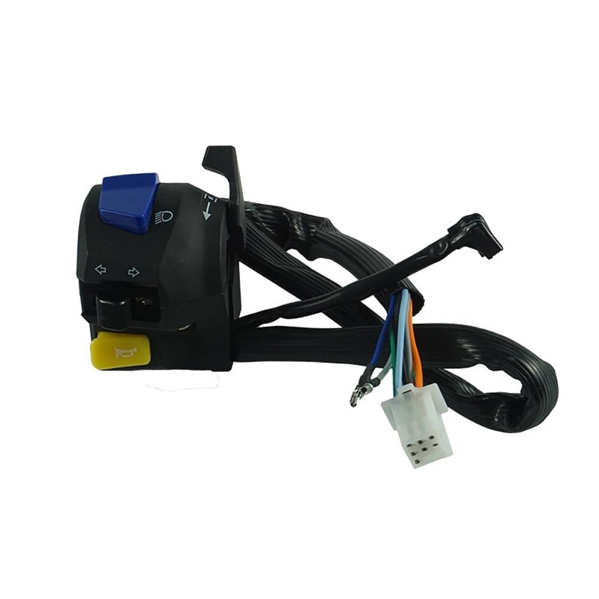 Motorcycle handlebar electrical switch with wired harness; blue and yellow button caps