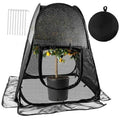 Black pop-up mesh plant shade tent with zip-front door and hanging round cover