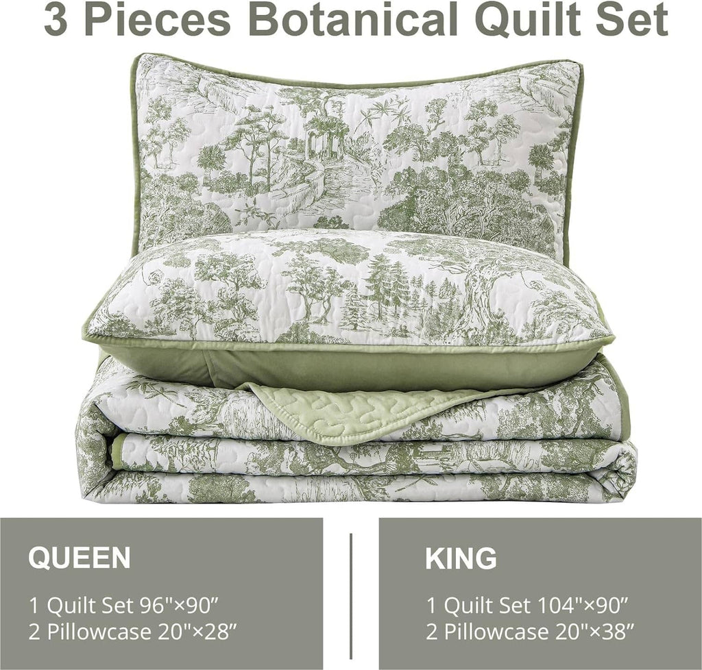 Sage green botanical quilt with matching pillow sham, shown folded and stacked
