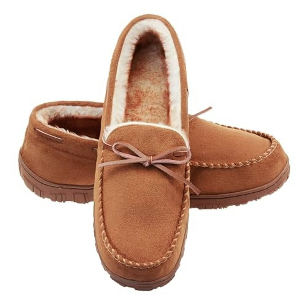 Brown men's moccasin slippers with lace bow and thick cushioned sole