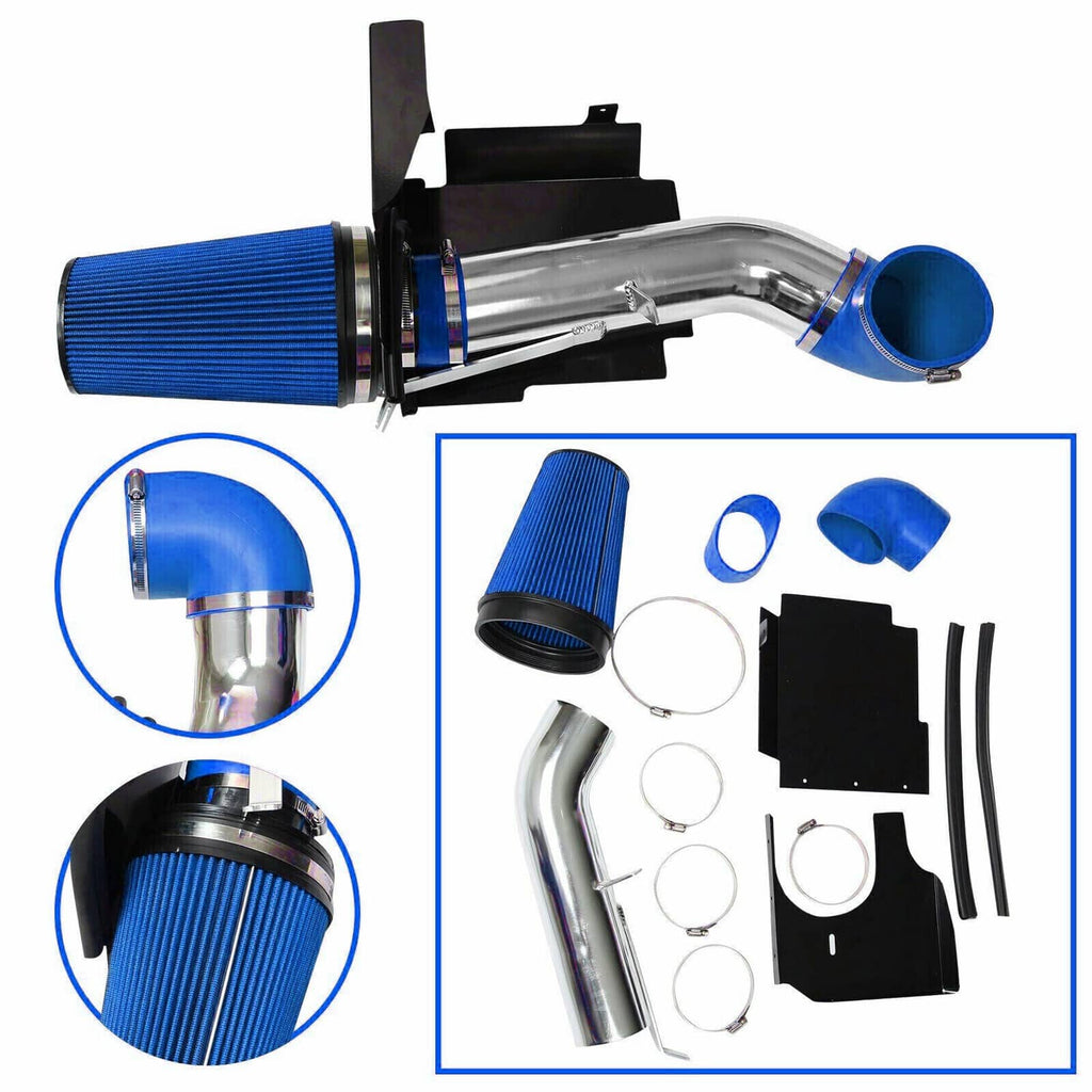 Cold air intake kit components: blue filter, blue tube, silver piping, and black brackets.