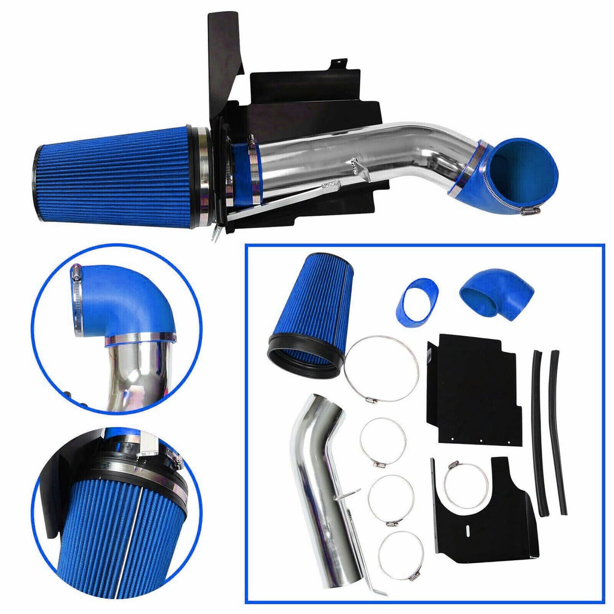 Cold air intake kit components: blue filter, blue tube, silver piping, and black brackets.
