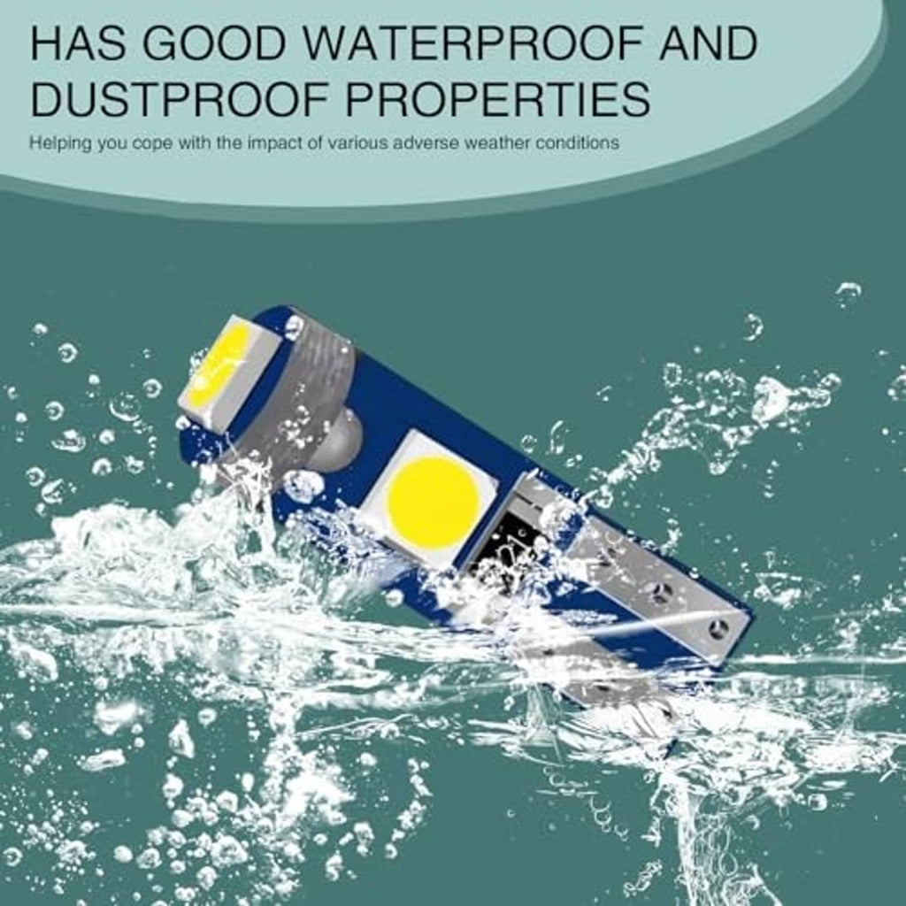 T5 wedge LED instrument light with yellow LED chip, blue-and-silver body in splash scene