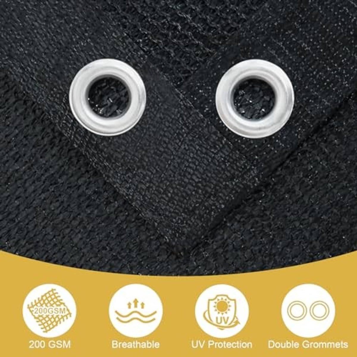 Black woven shade cloth with round reinforced grommets, close-up detail.