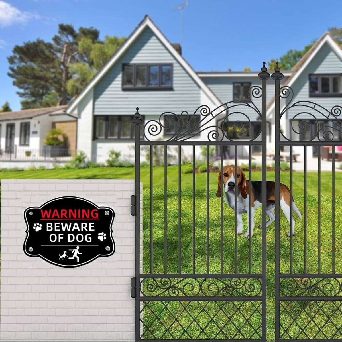 Black “WARNING BEWARE OF DOG” sign with paw prints and dog warning icon